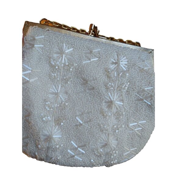 Vintage White Beaded Bridal Purse Bag Gold Tone Hardware - Picture 6 of 9